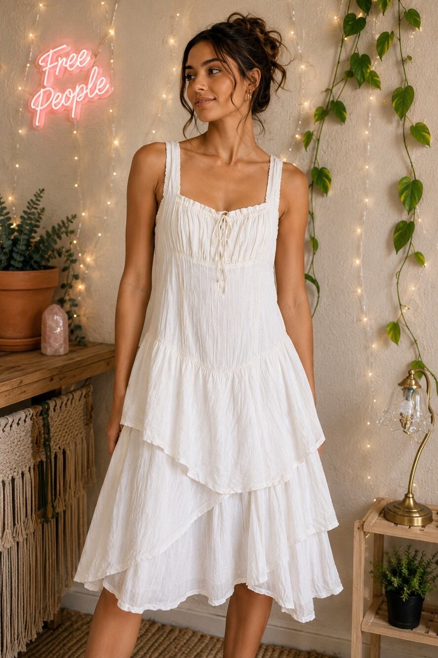 Free People White Tiered Boho Midi dress | Size XS